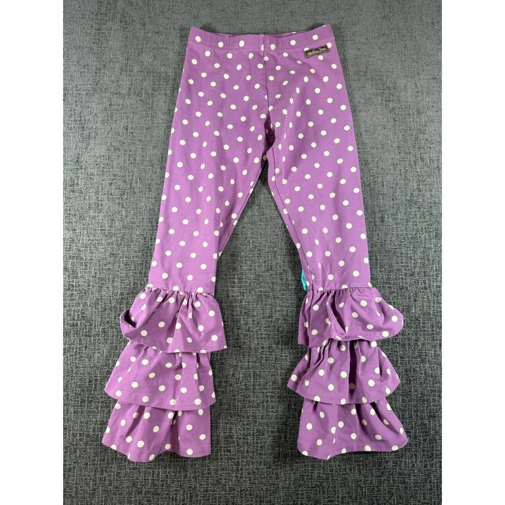 Matilda Jane Girls Purple Polka Dot Ruffle Hem Leggings with Bows Size 8